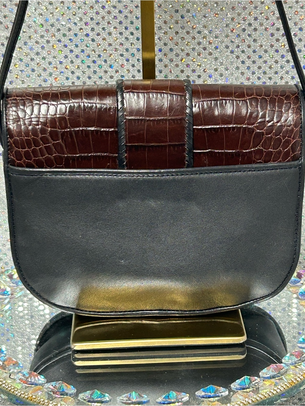 Brighton Dark Brown Faux-Croc Saddle Bag w/Black Trim Approx. 8 x 6 x 3 - Picture 3 of 16